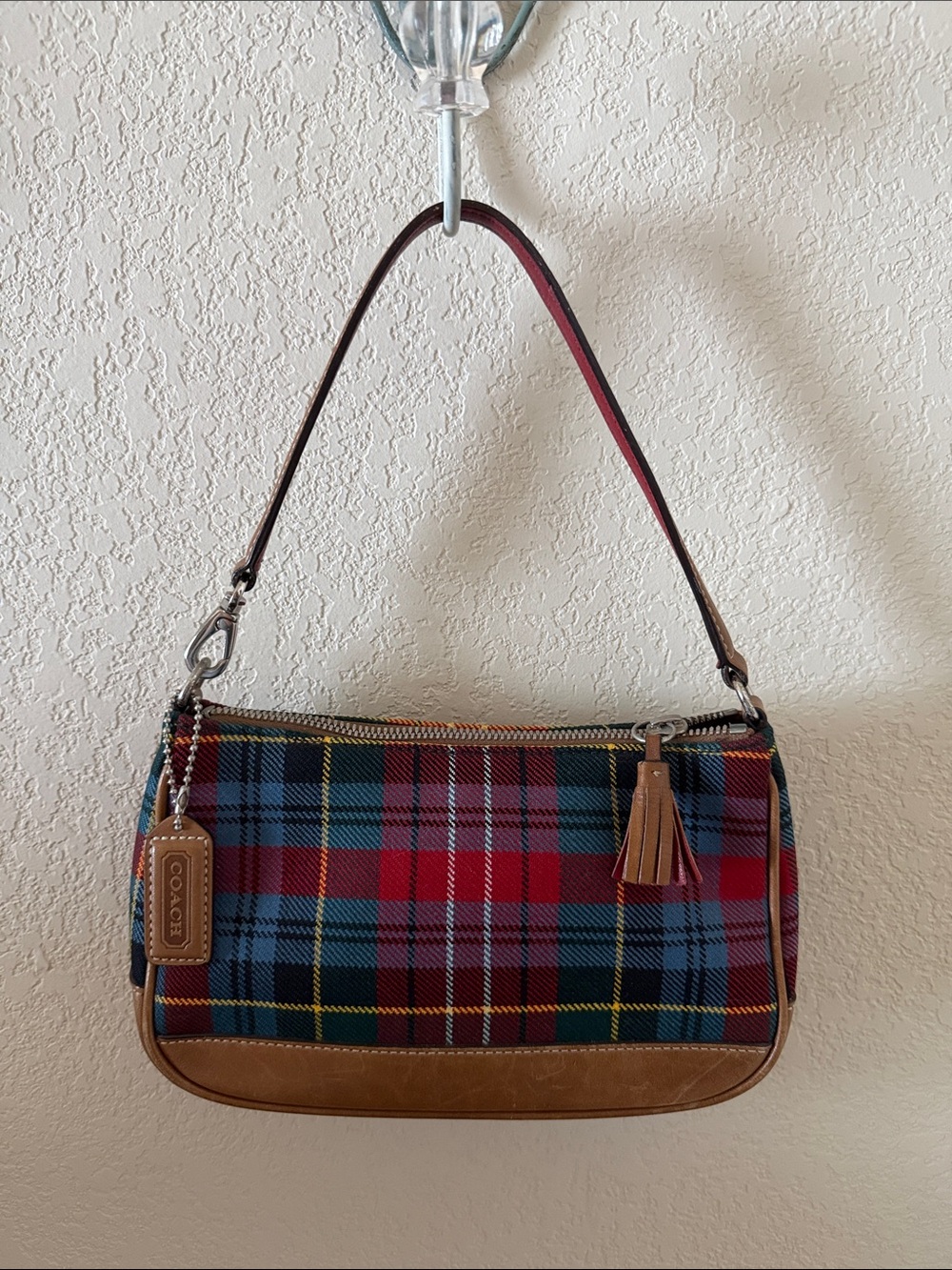 Coach Red & Blue Plaid Shoulder Bag with Tan Trim